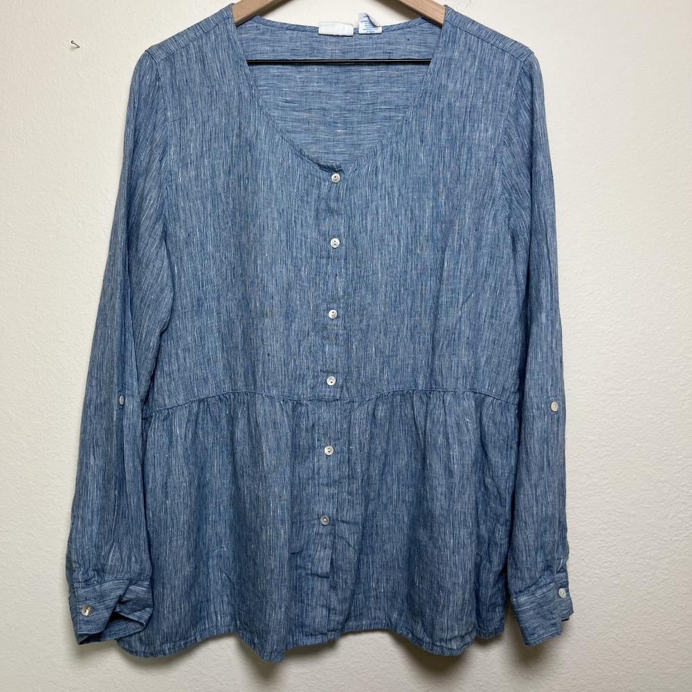 Sigrid Olsen Women 100% Linen Tunic Top Blue Long Sleeve Button Front Lagenlook‎